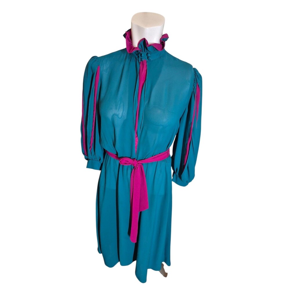 Act I VTG Chiffon 70s 80s Dress Puff Sleeve Fit & Flare Teal Fuchsia sz 2/4